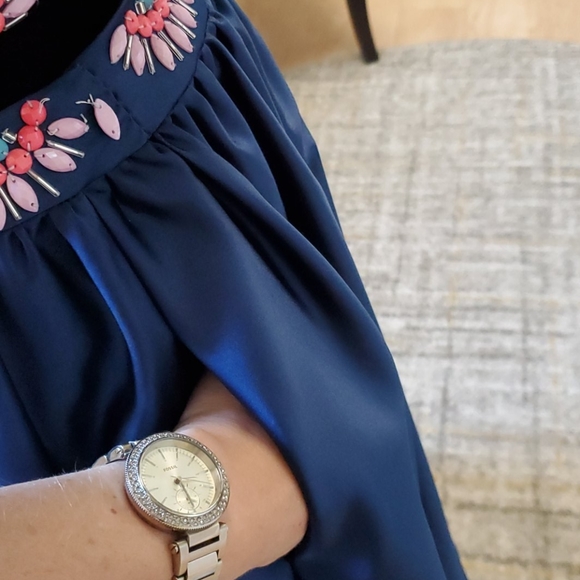 Size 8 2 piece beaded navy satin Aline prom dress with pockets by Rachel Allan - Picture 6 of 13